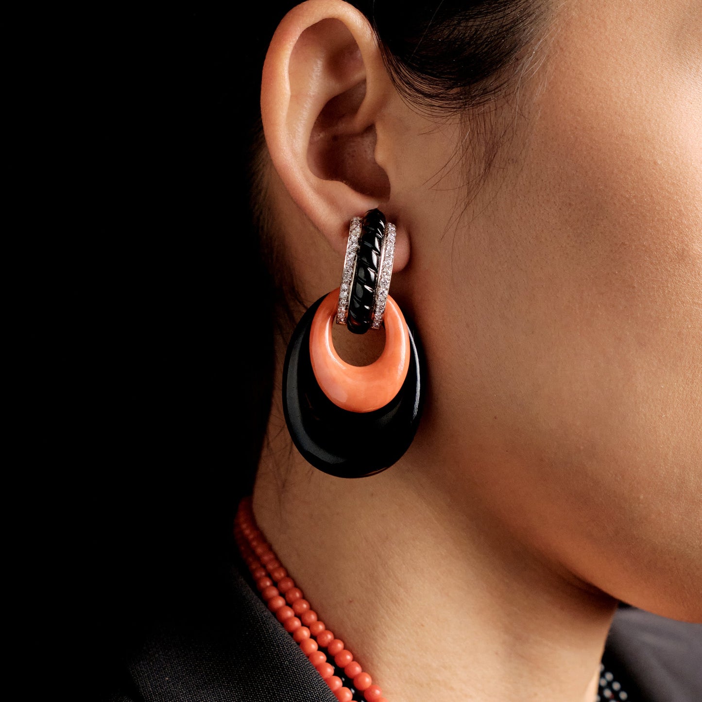 Weber & Blauer Onyx, Coral and Diamond Earclips