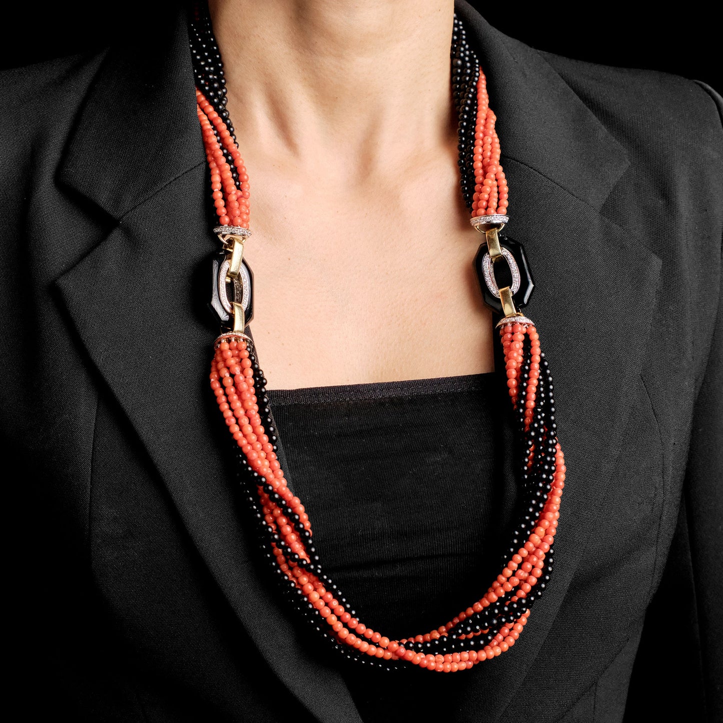 Weber & Blauer Onyx, Coral and Diamond Sautoir
