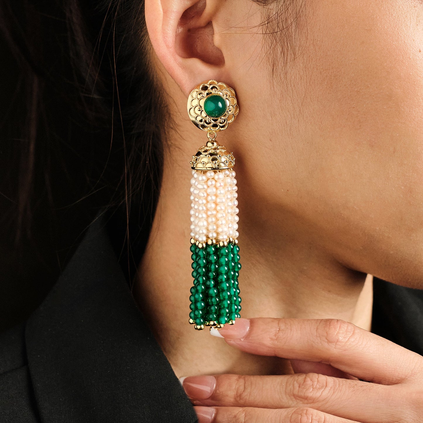 Vintage Chrysoprase and Pearl Earrings