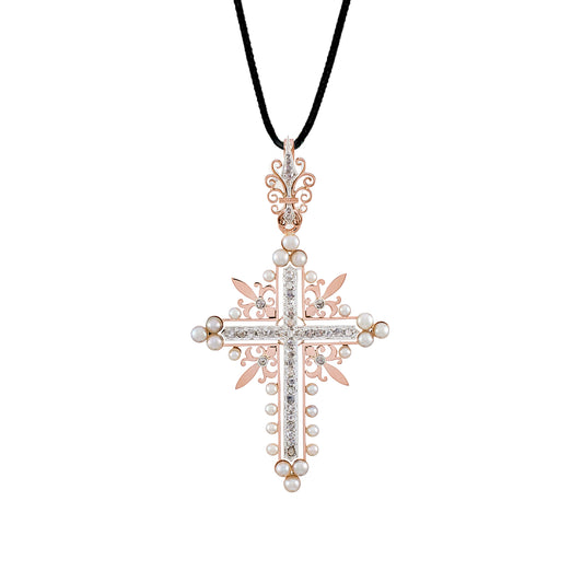 Antique Pearl and Diamonds Cross Pendant