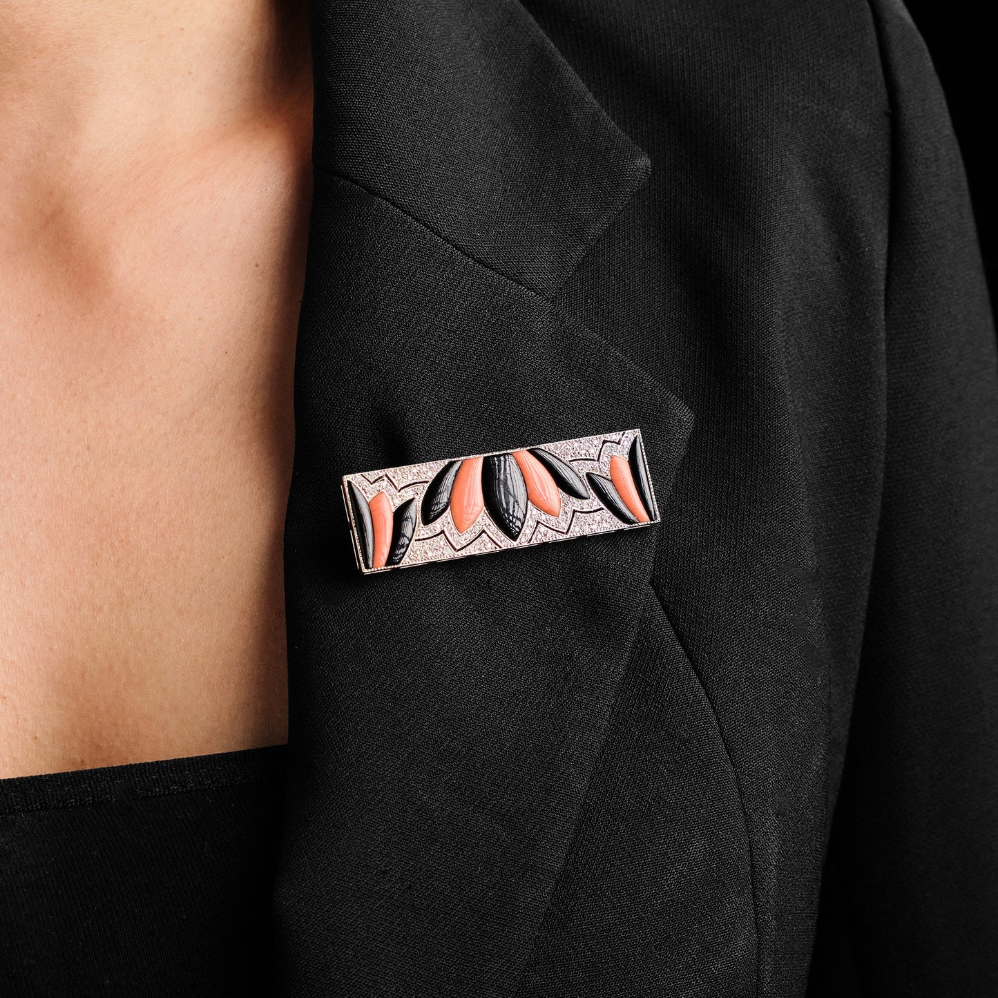 Antique Onyx and Coral Brooch