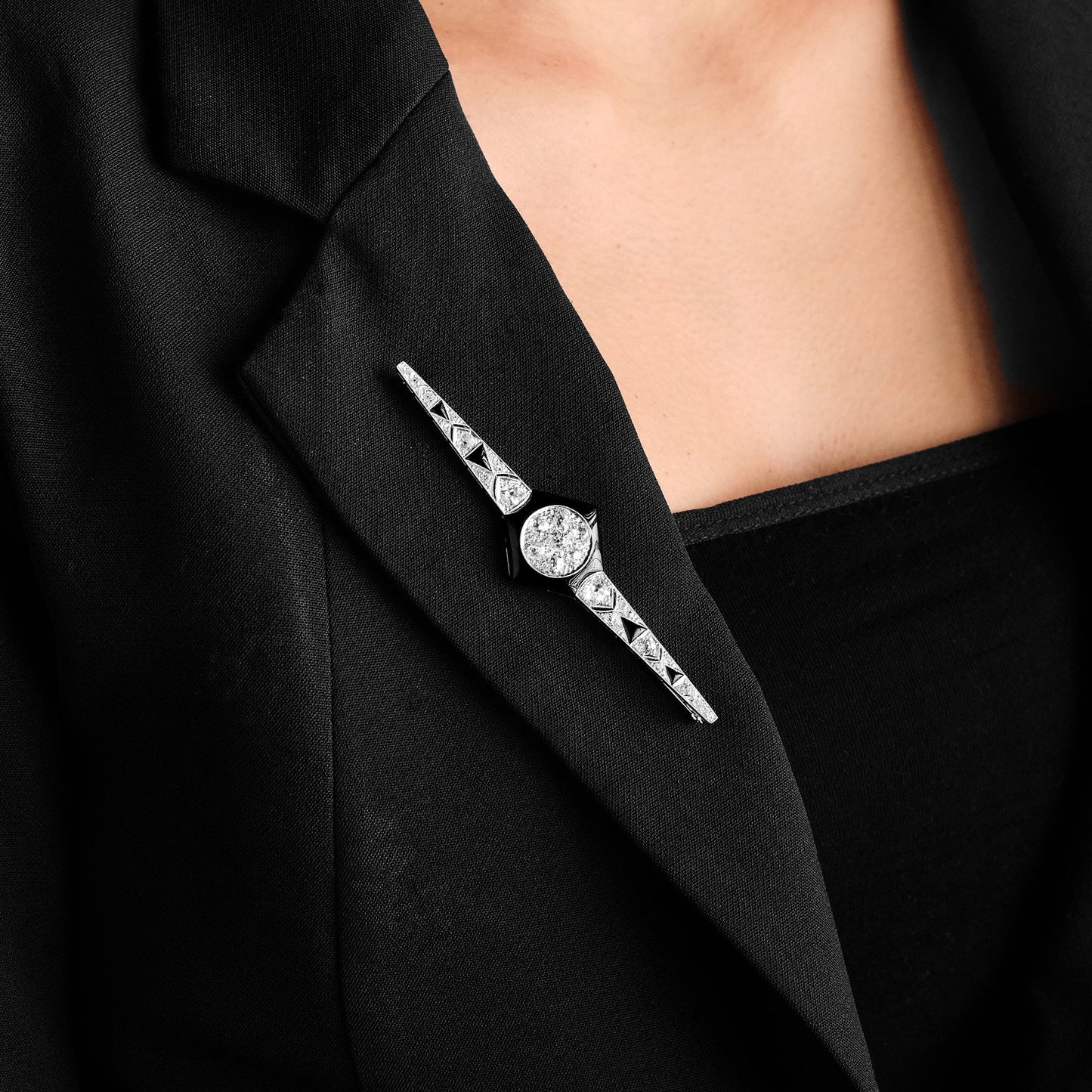 Vintage Onyx and Diamond Bar Brooch