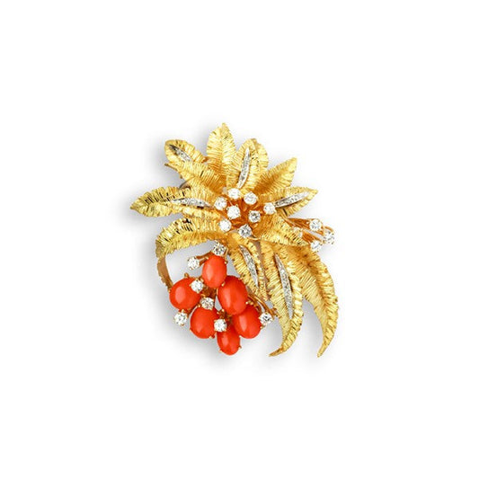 Vintage Diamond Coral Flower Brooch