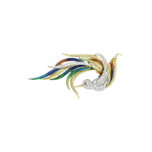 Vintage Diamond and Enamel Bird Brooch
