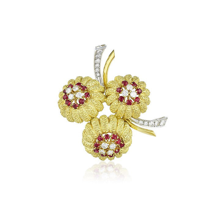 Vintage Ruby and Diamond Flower Brooch