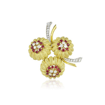Vintage Ruby and Diamond Flower Brooch