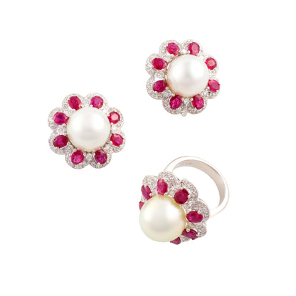 Vintage Ruby and Pearl set of Ring and Earrings
