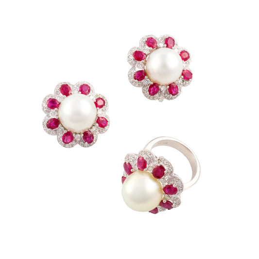 Vintage Ruby and Pearl set of Ring and Earrings